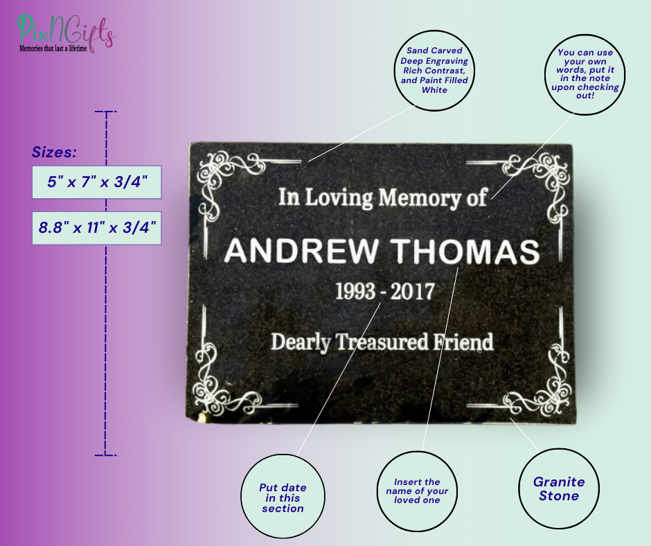 Granite memorial plaque diagram identifying personalized name, dates, inscription and size choices