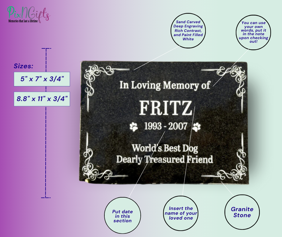 Pet granite memorial plaque diagram showing paw prints, personalized name, dates and size choices