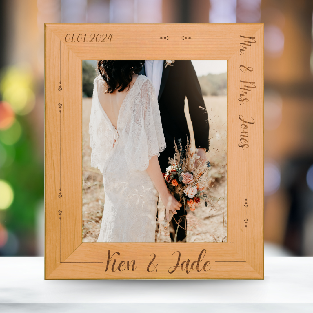 Mr. and Mrs. - Wedding Personalized Wooden Photo Frame Custom Engraved - Red Alder Genuine Walnut Photo Frame