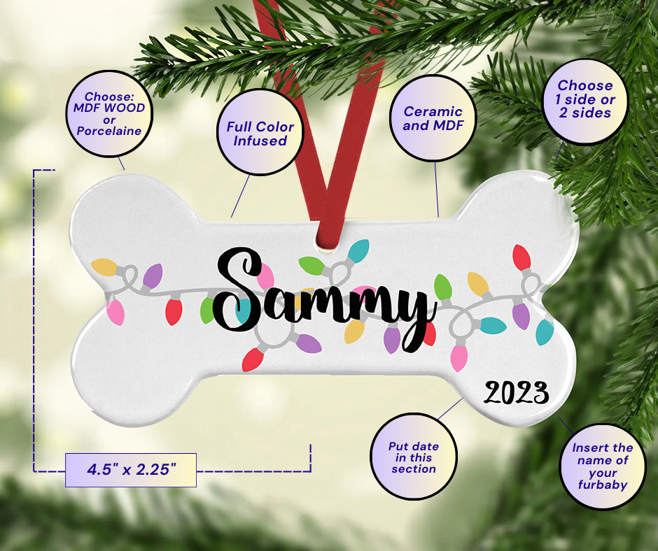 Bone-shaped Christmas ornament personalization guide with colorful string lights, sample name and year, red hanging ribbon and size callout.