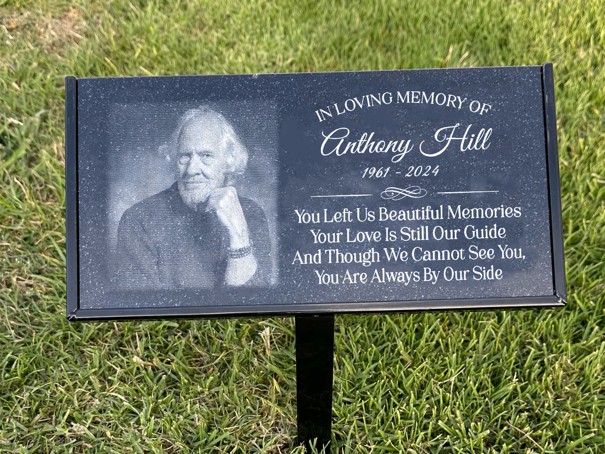 Black granite photo memorial plaque with You Left Us Beautiful Memories wording