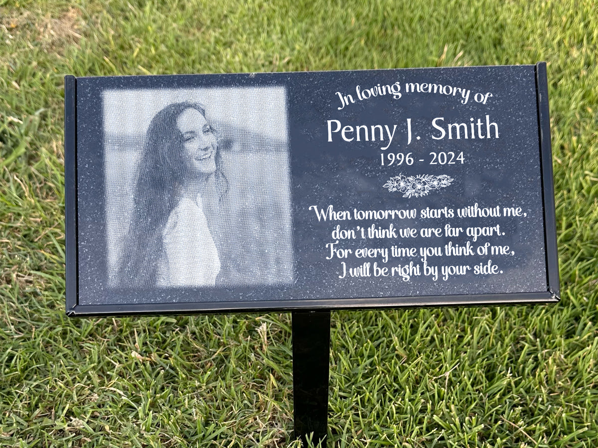 Black granite photo memorial plaque with When Tomorrow Starts Without Me wording