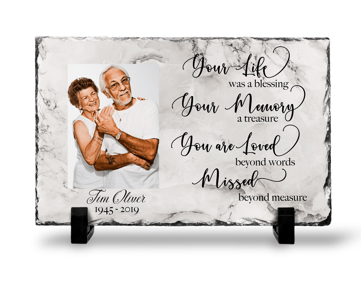 Indoor photo memorial slate with a marble-look design and two black display stands
