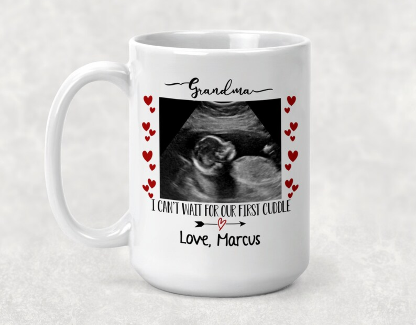 Ultrasound Picture Hearts frame Mug, Grandma to be gift, Baby reveal gift, Pregnancy reveal, Valentines day gift idea for her, Godparent gift