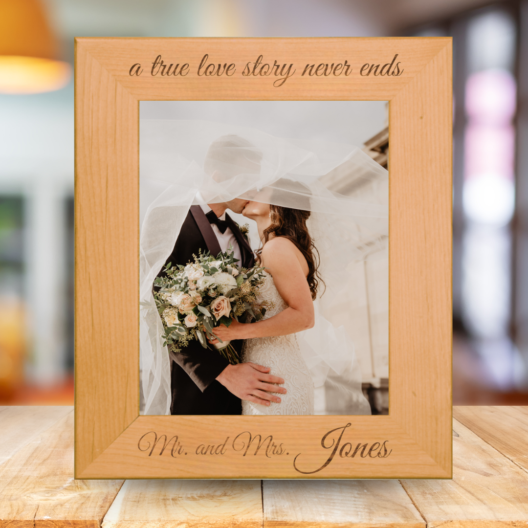 A True Love Story Never Ends - Wedding Personalized Wooden Photo Frame Custom Engraved - Red Alder Genuine Walnut Photo Frame