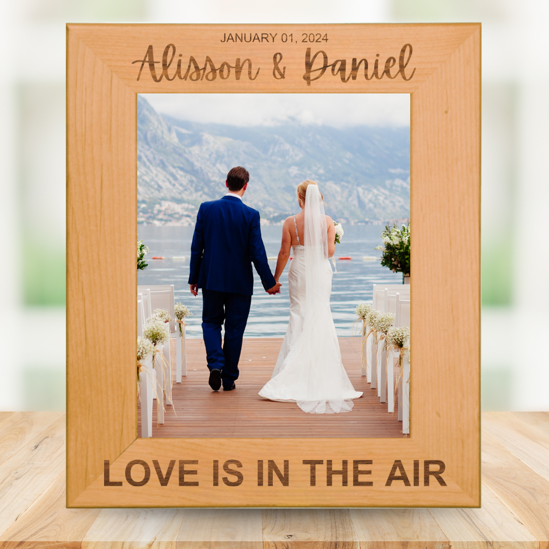 Love Is In The Air - Wedding Personalized Wooden Photo Frame Custom Engraved - Red Alder Genuine Walnut Photo Frame