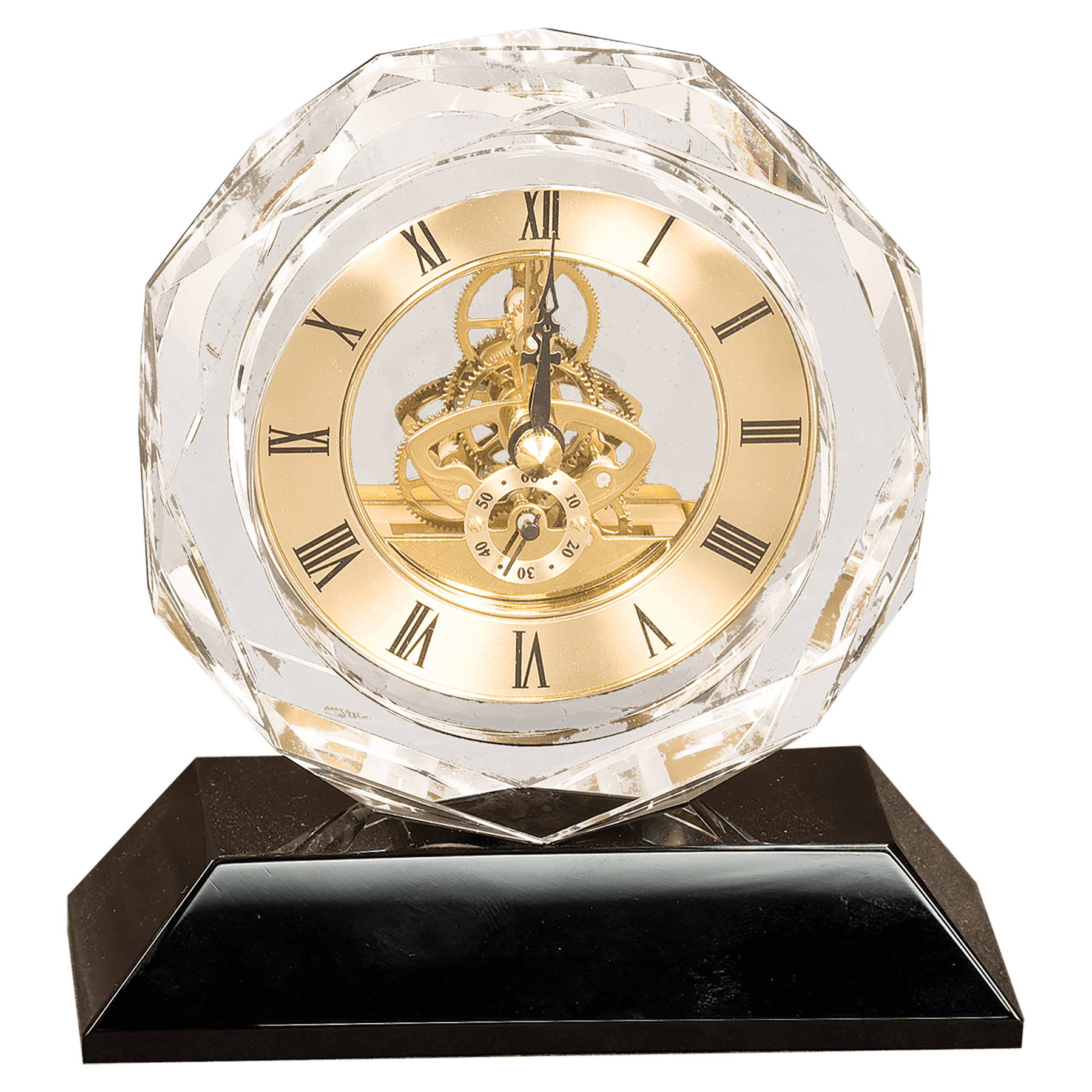 Personalized Crystal Clock Award on Black Pedestal Base