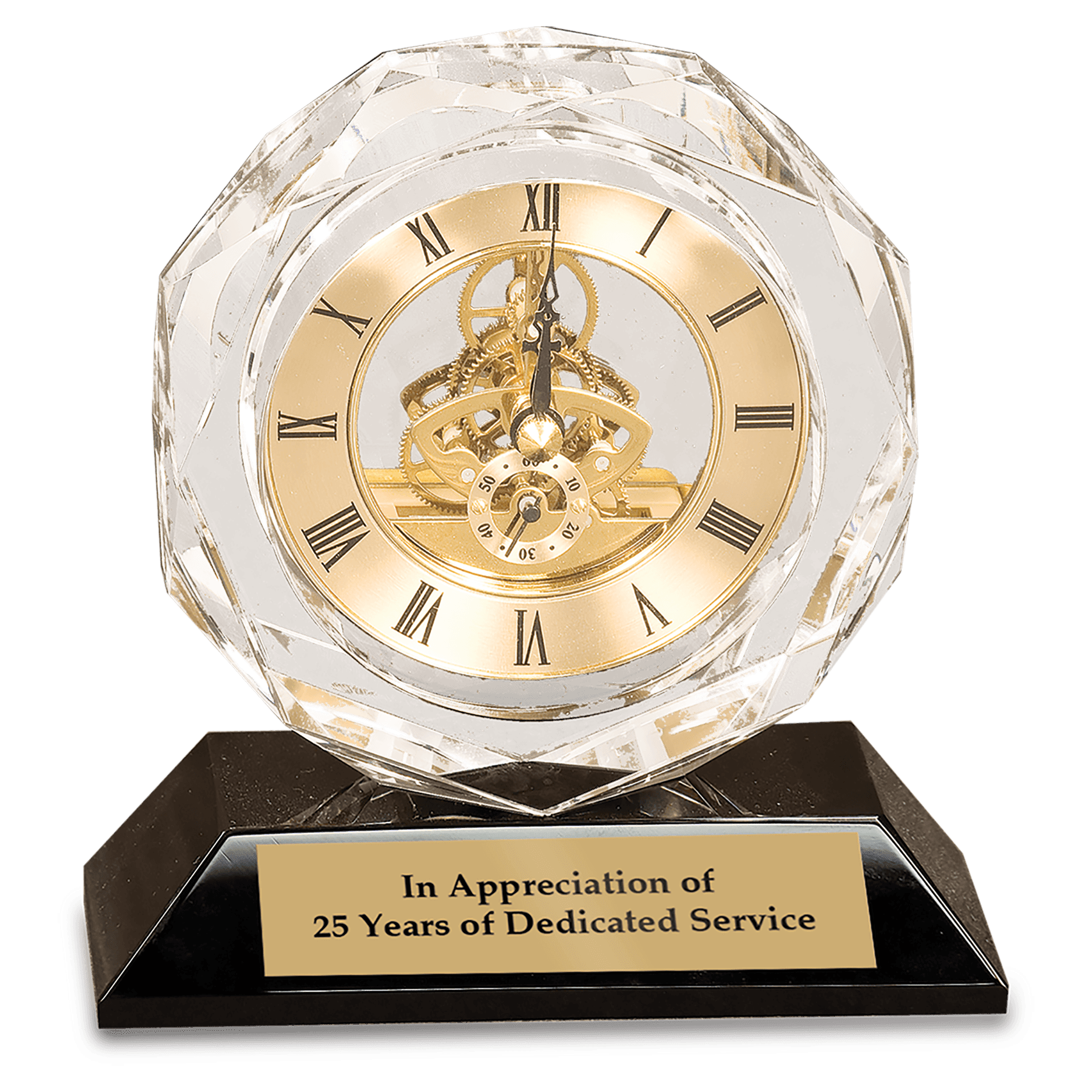 Personalized Crystal Clock Award on Black Pedestal Base