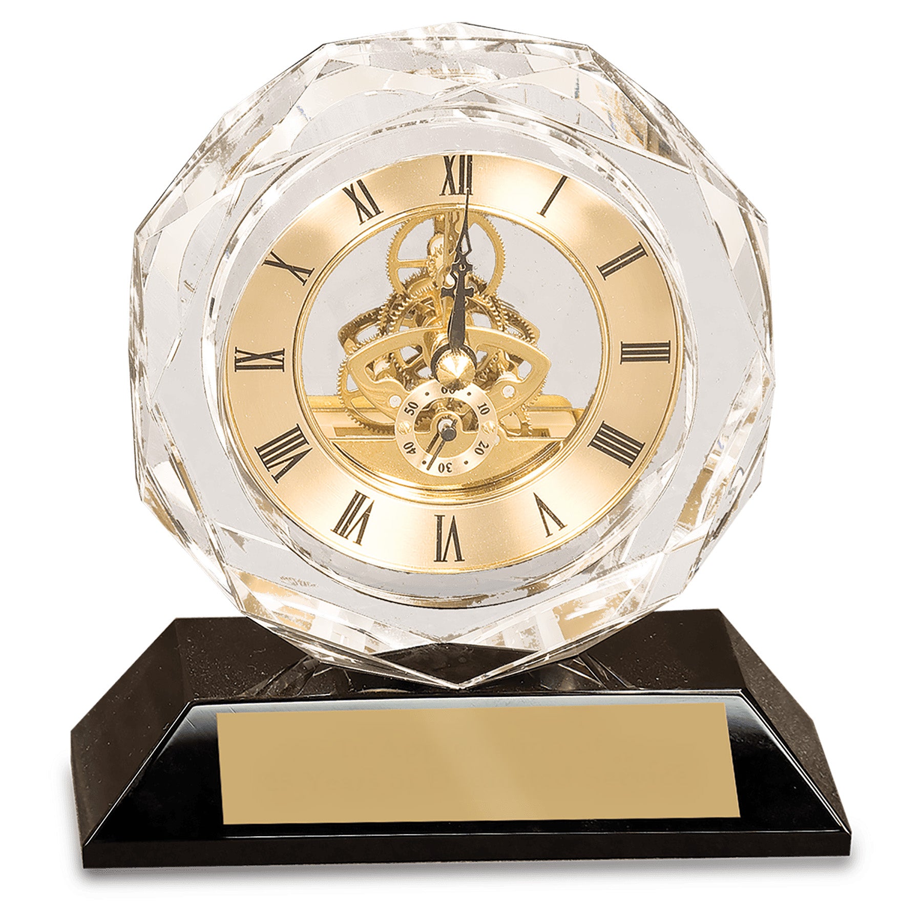 Personalized Crystal Clock Award on Black Pedestal Base