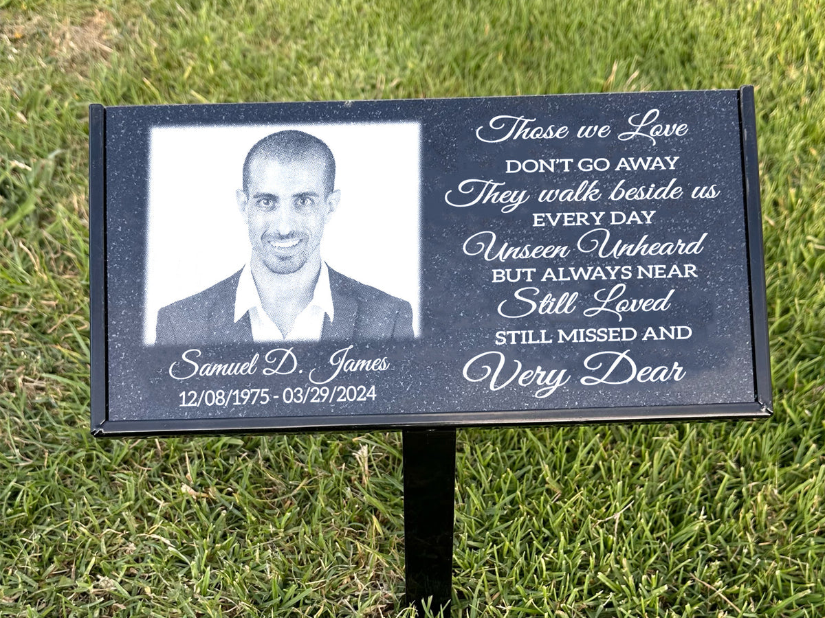 Black granite photo memorial plaque with Those We Love wording in a script layout