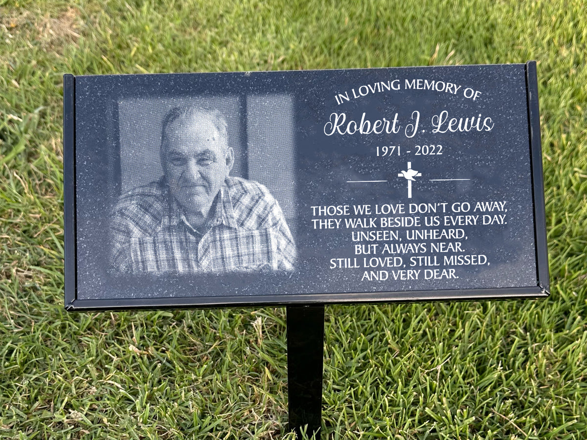 Black granite photo memorial plaque with a cross and Those We Love wording