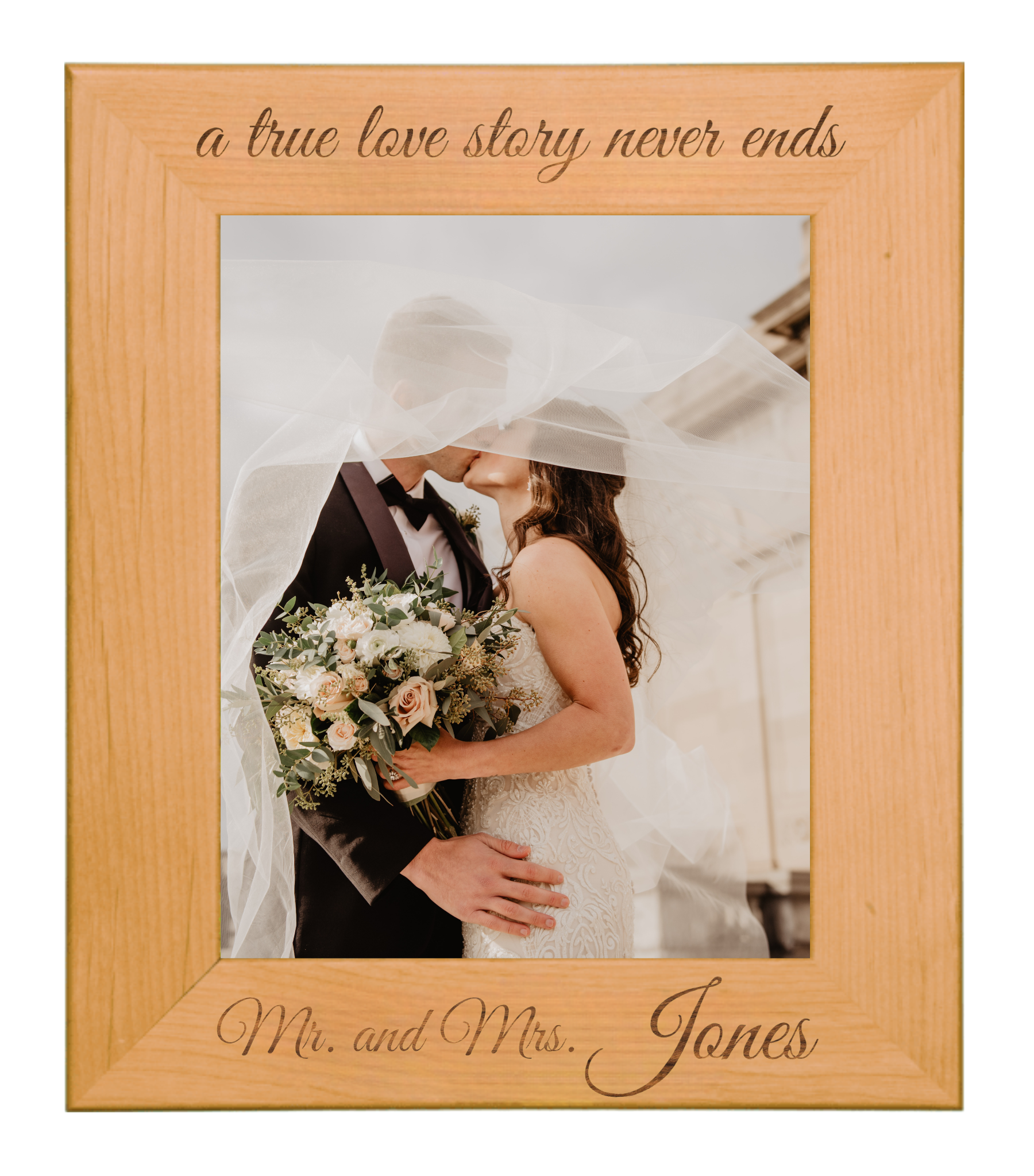 A True Love Story Never Ends - Wedding Personalized Wooden Photo Frame Custom Engraved - Red Alder Genuine Walnut Photo Frame