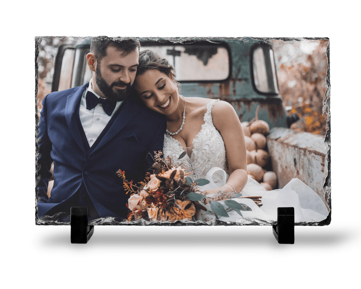 Personalized photo slate displaying a wedding photograph