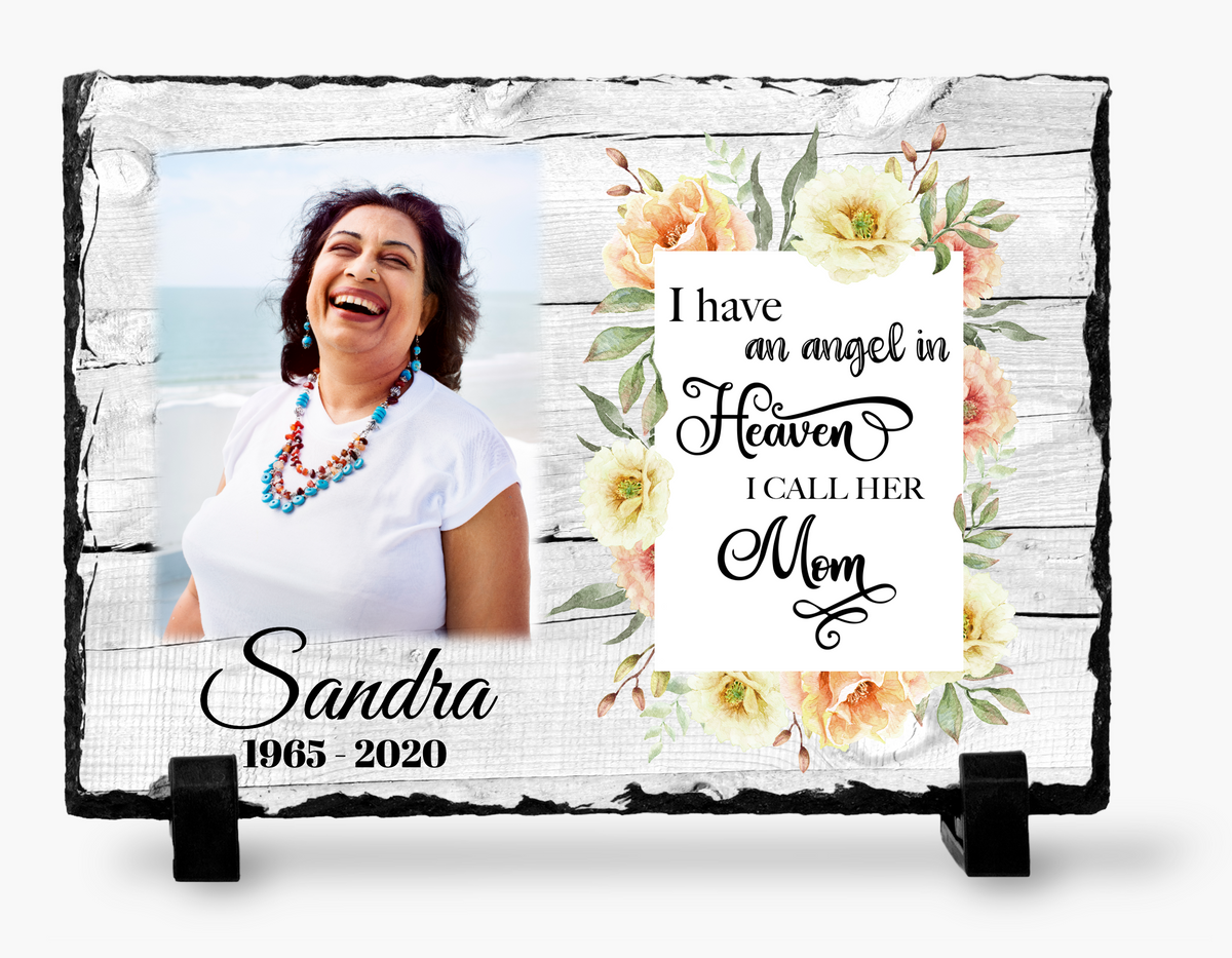 Memorial photo slate for Mom with a woman’s portrait, pastel flowers, whitewashed-wood background and angel-in-Heaven tribute