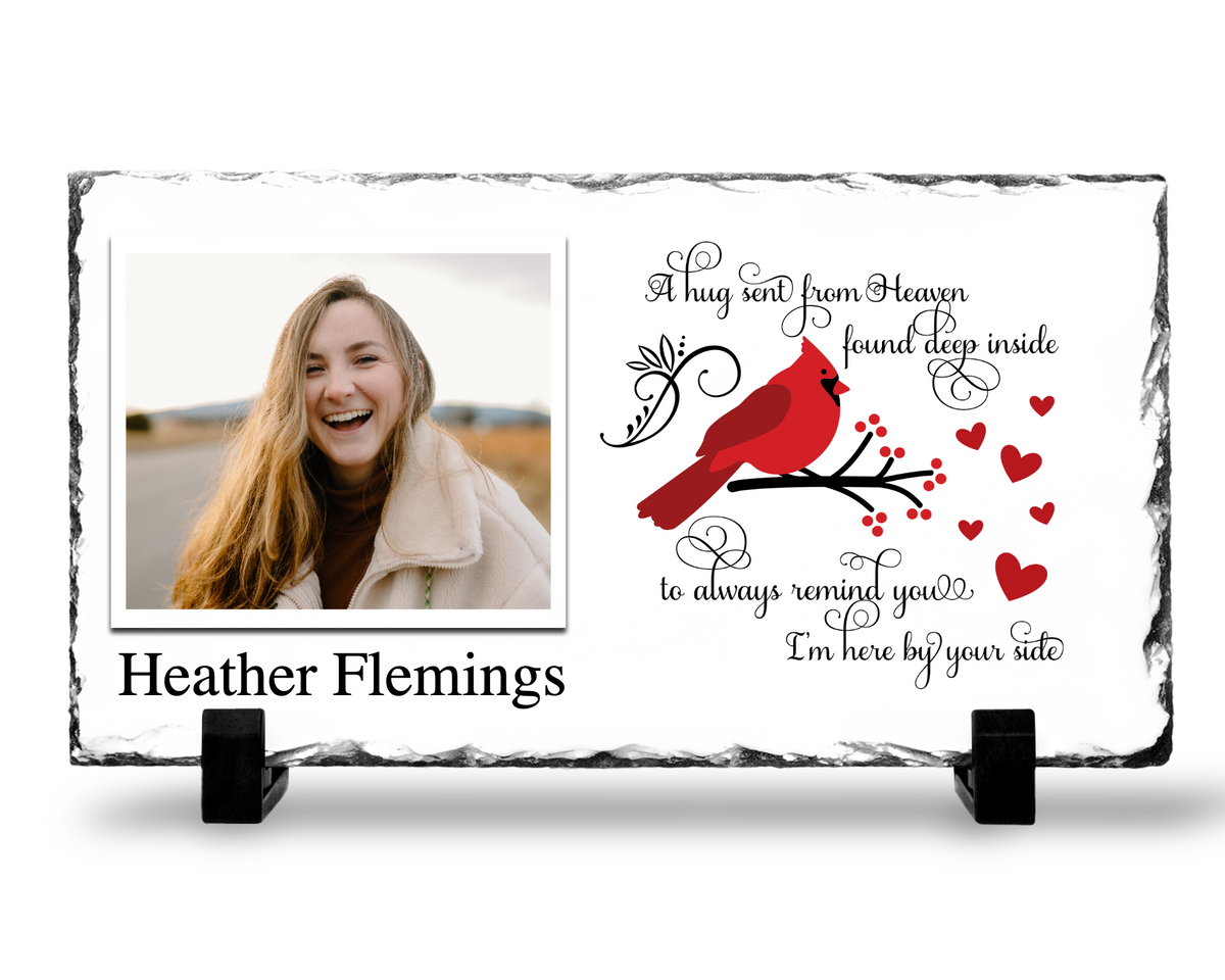 A Hug from Heaven photo slate with a cardinal on a white background