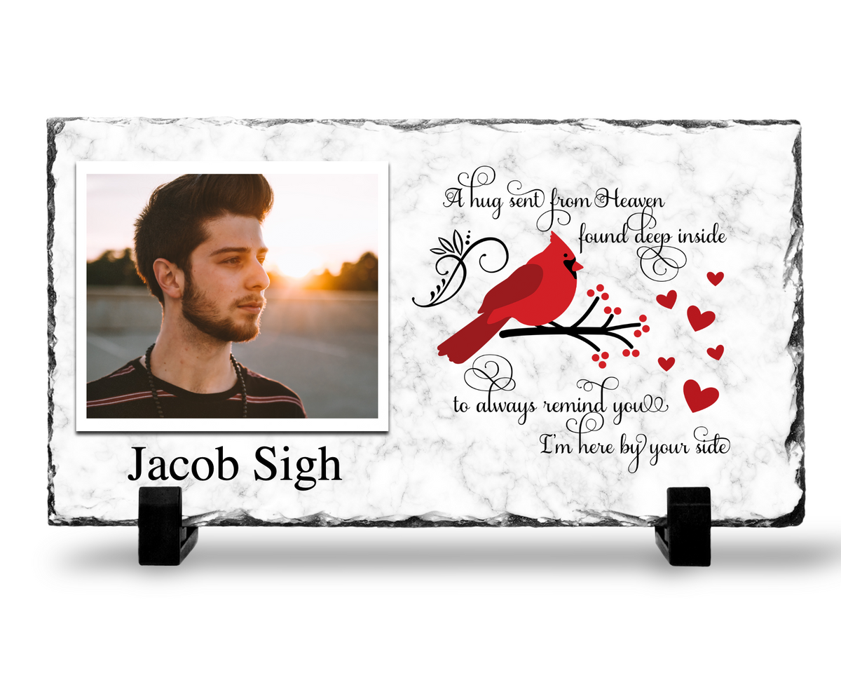 A Hug from Heaven photo slate with a cardinal and a fine white marble-look print