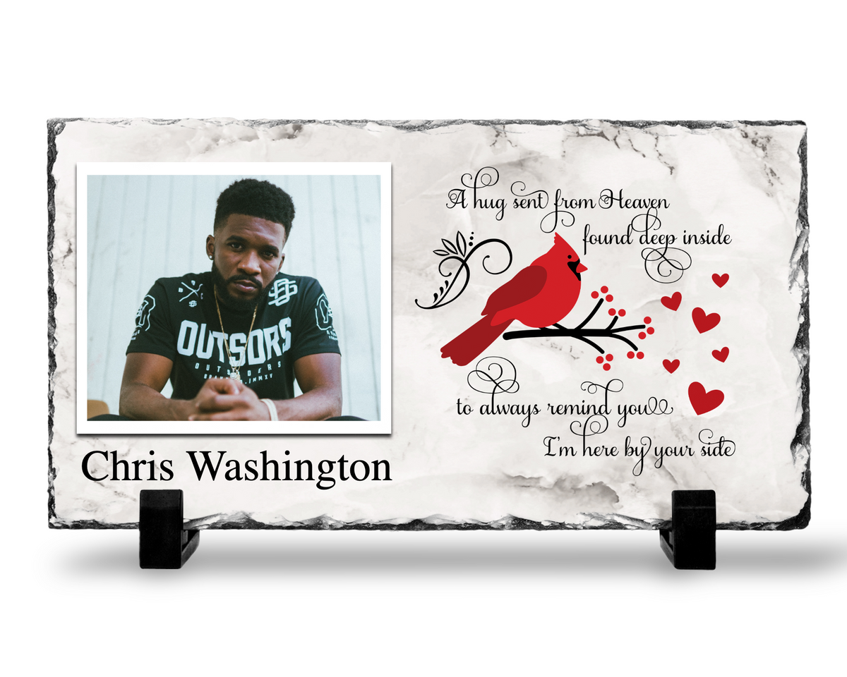 A Hug from Heaven photo slate with a cardinal and a gray marble-look print