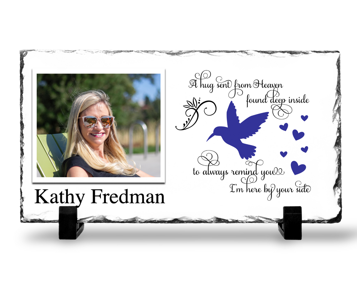 A Hug from Heaven photo slate with a blue flying bird on a white background