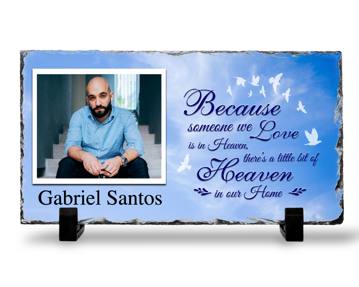 Because Someone We Love Is in Heaven photo slate with white birds and a blue-sky print