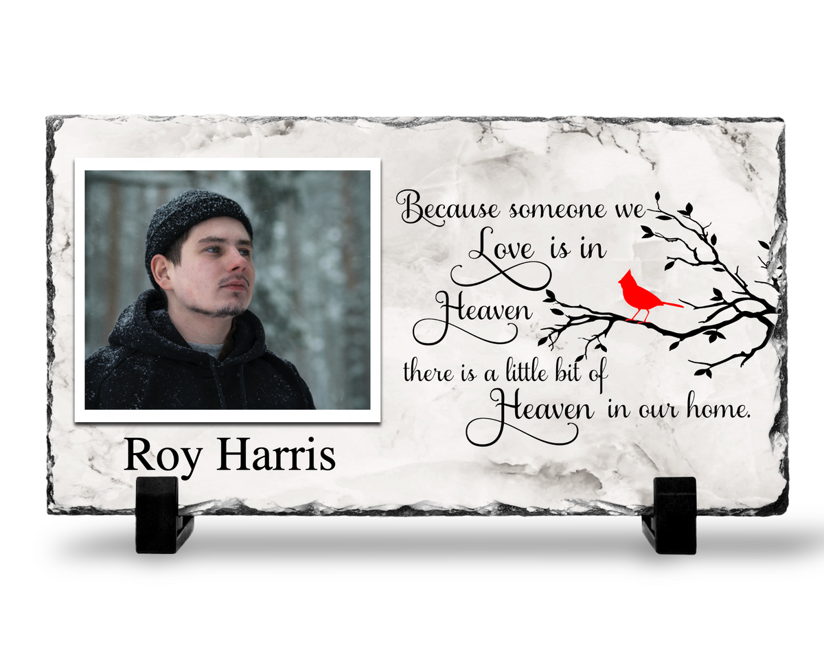 Because Someone We Love Is in Heaven photo slate with a cardinal on a branch and gray marble-look print