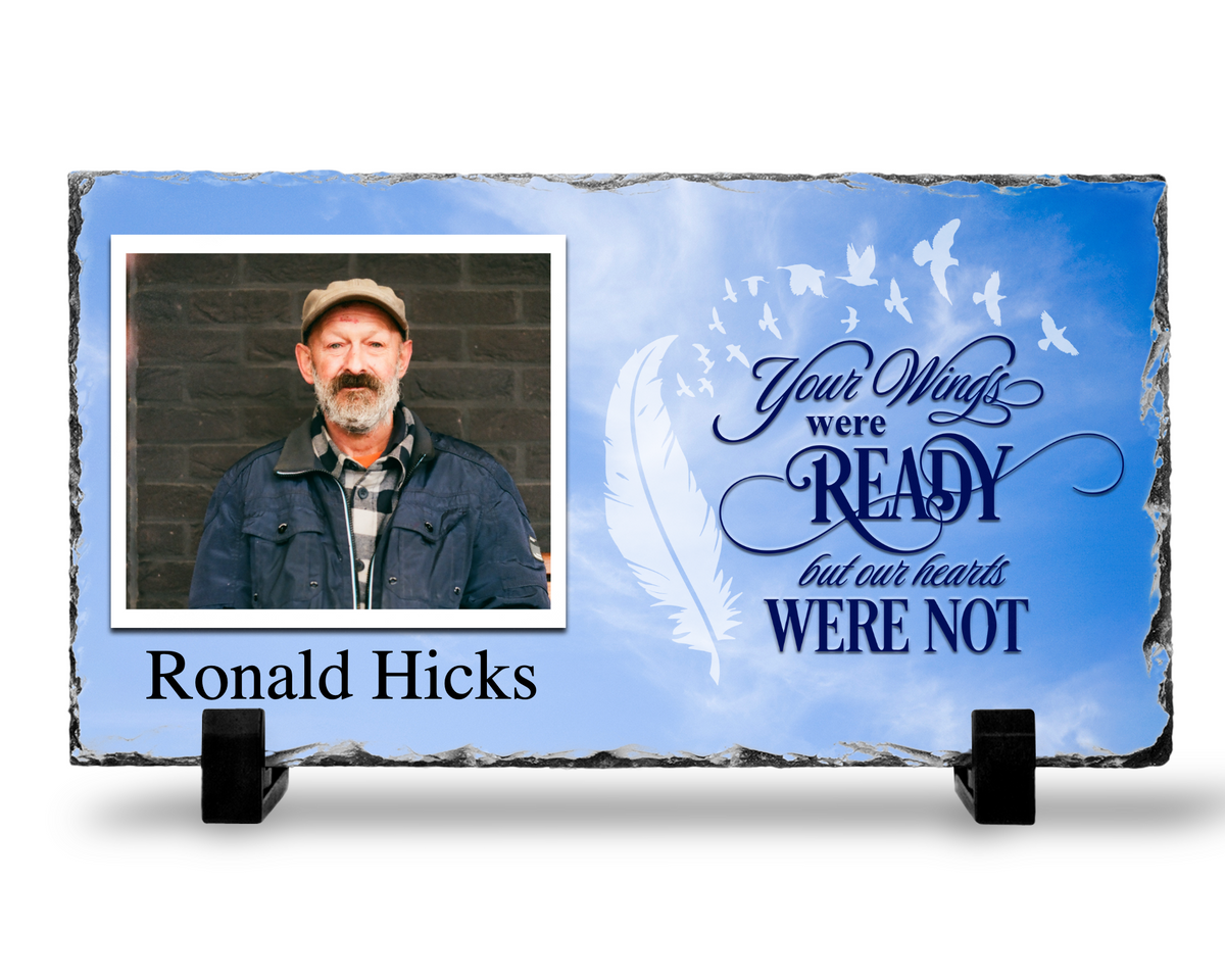 Your Wings Were Ready memorial photo slate with a white feather, birds and blue-sky print