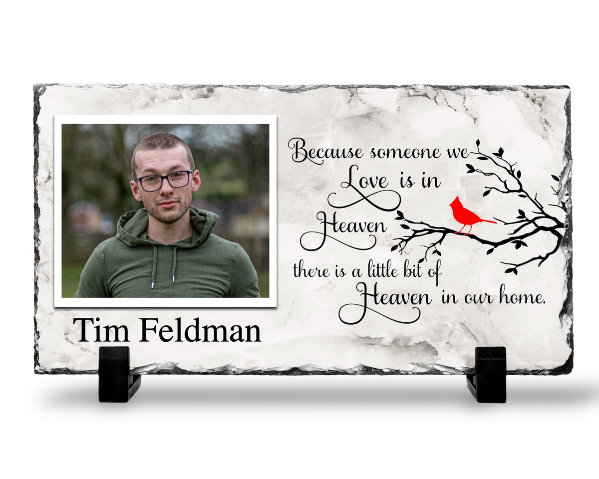 Because Someone We Love Is in Heaven photo slate with a cardinal and light marble-look print