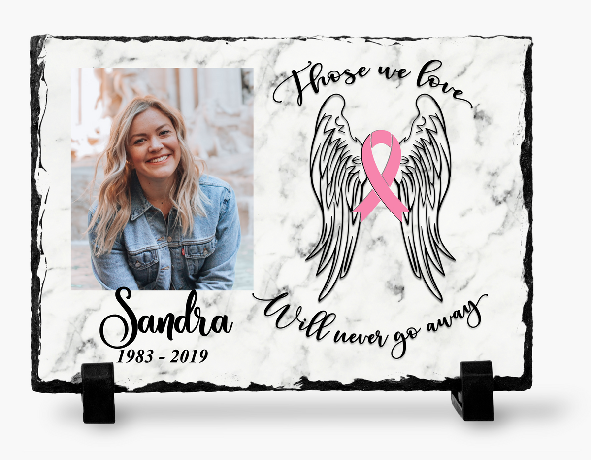 Memorial photo slate with a pink ribbon, angel wings and a sample portrait