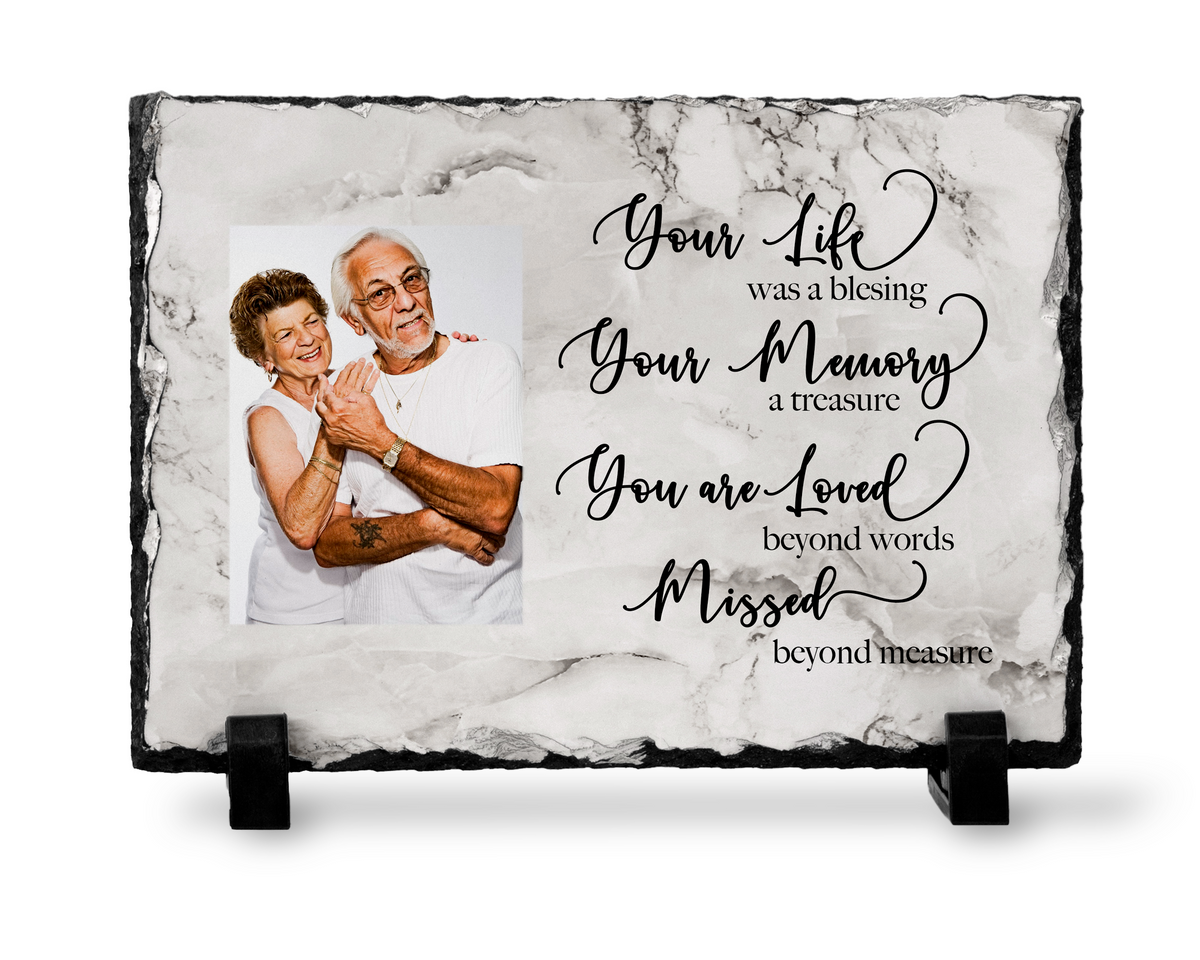 Smaller Your Life Was a Blessing photo slate with a sample portrait and printed marble-look design