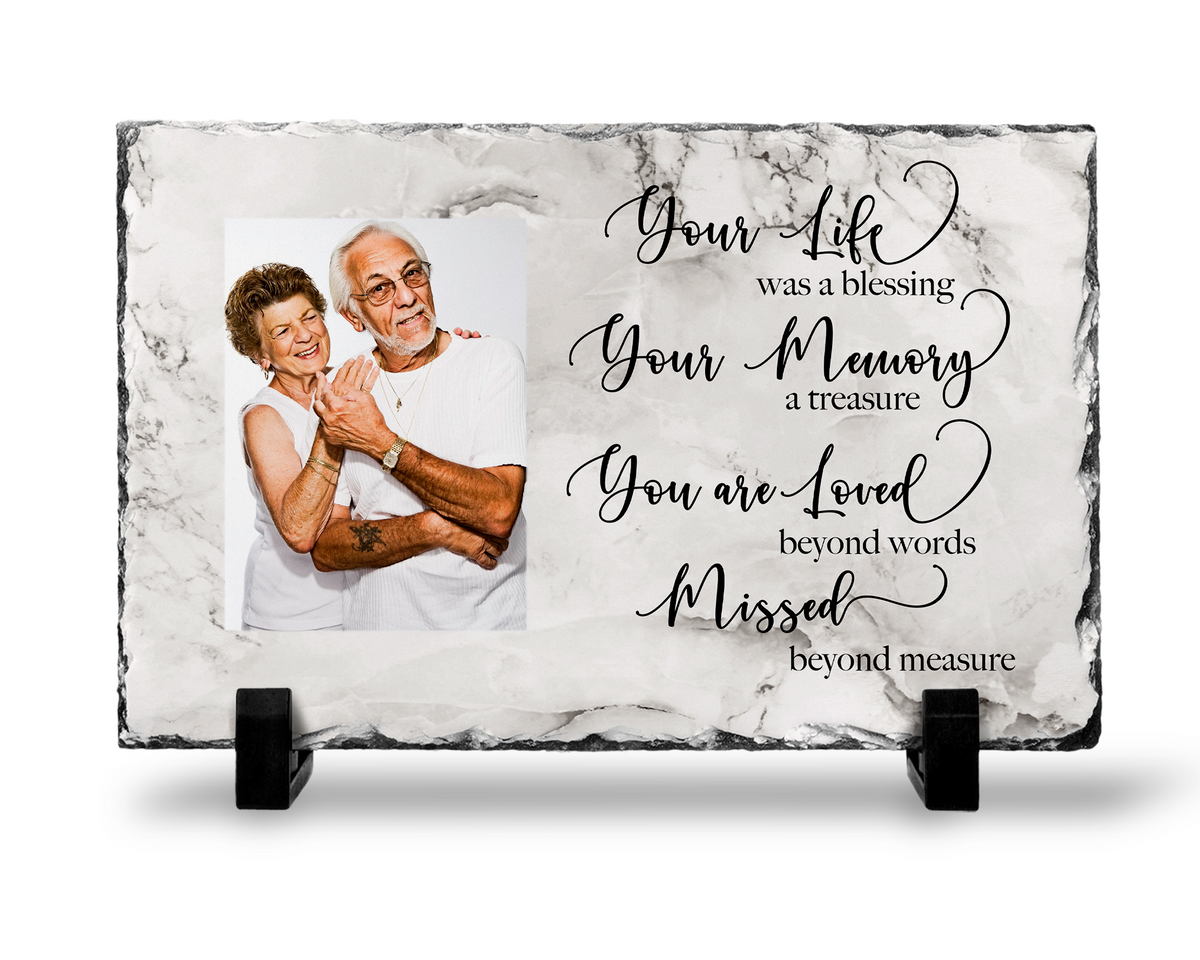 Front view of a Your Life Was a Blessing photo slate with a sample portrait and printed marble-look design