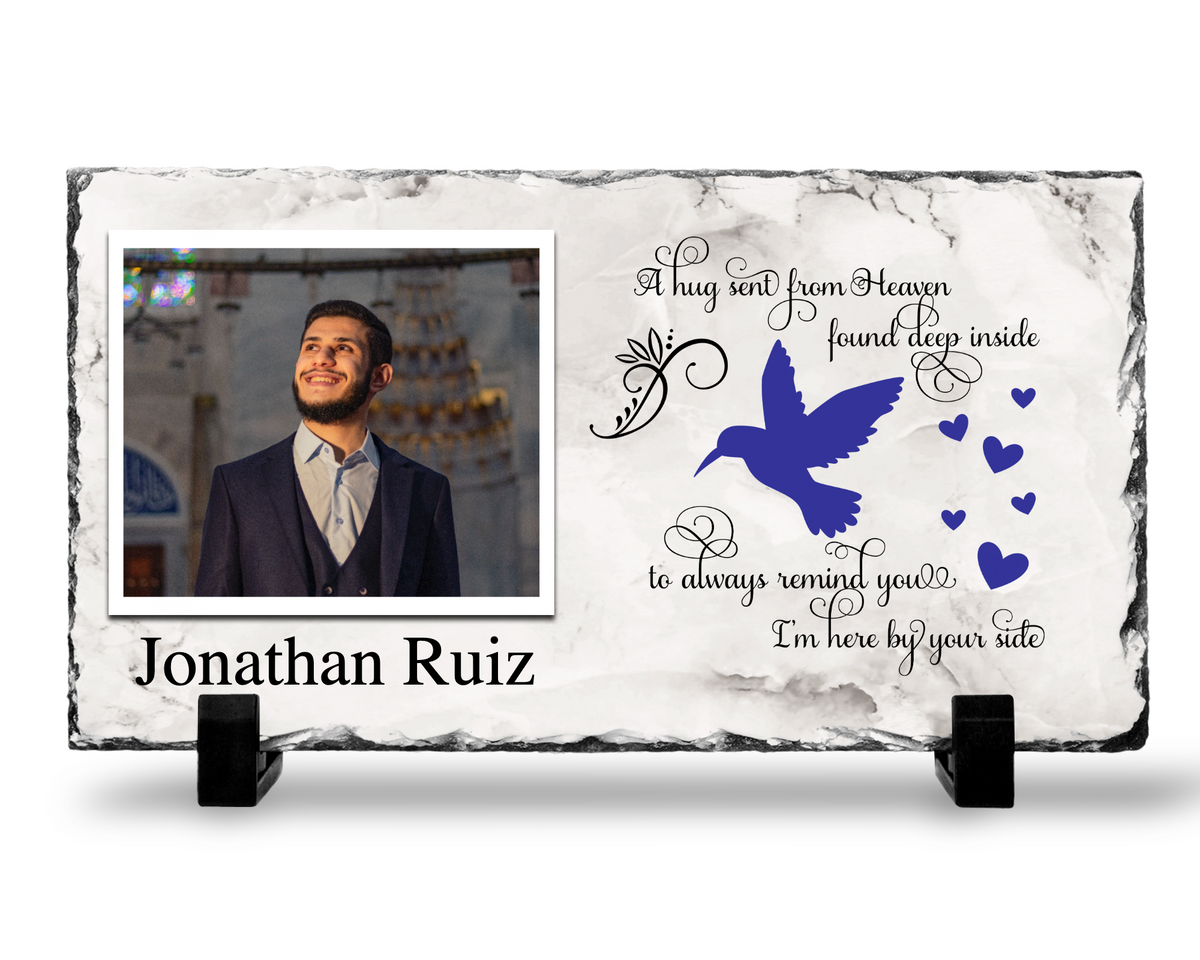 A Hug from Heaven photo slate with a blue bird and a gray marble-look print