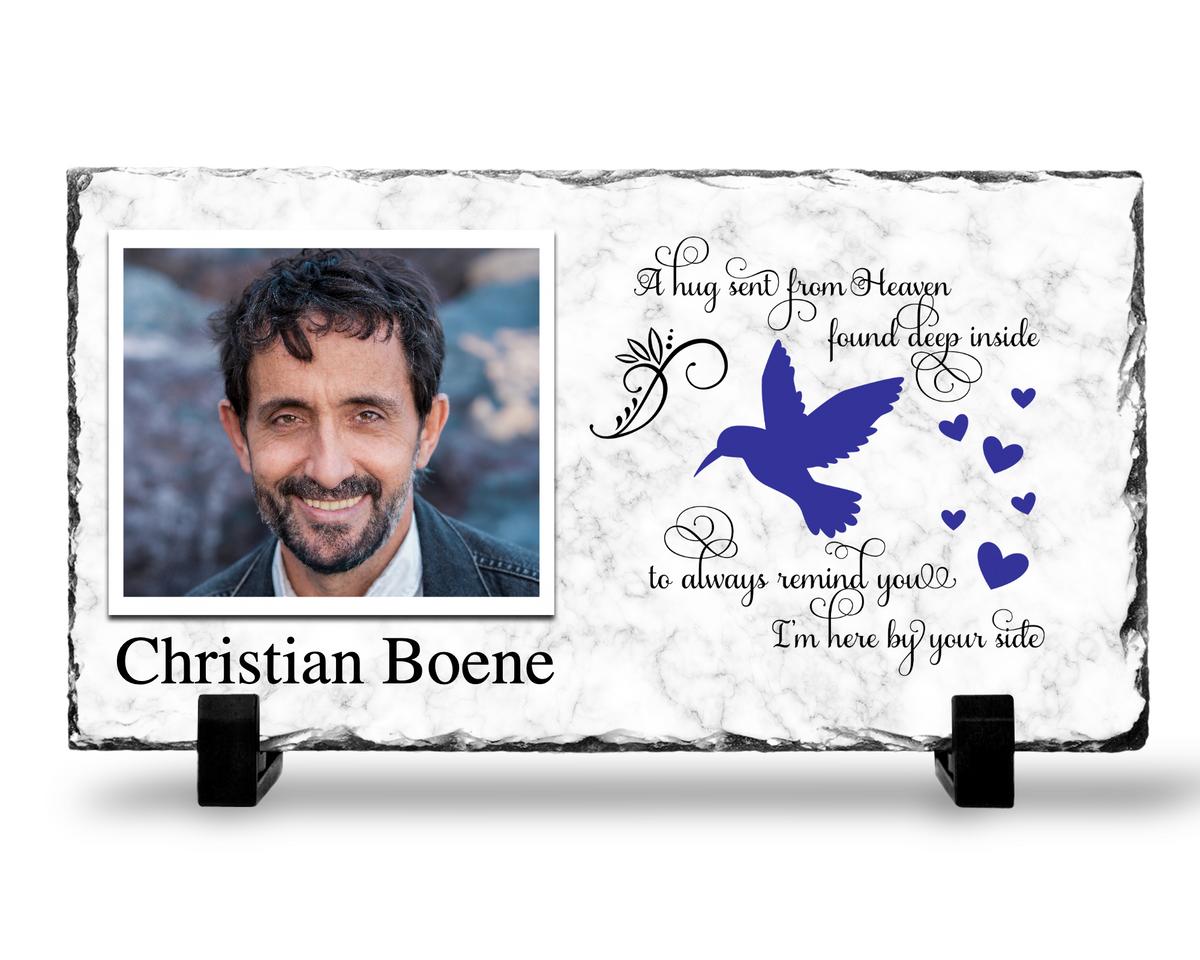 A Hug from Heaven photo slate with a blue bird and a fine white marble-look print