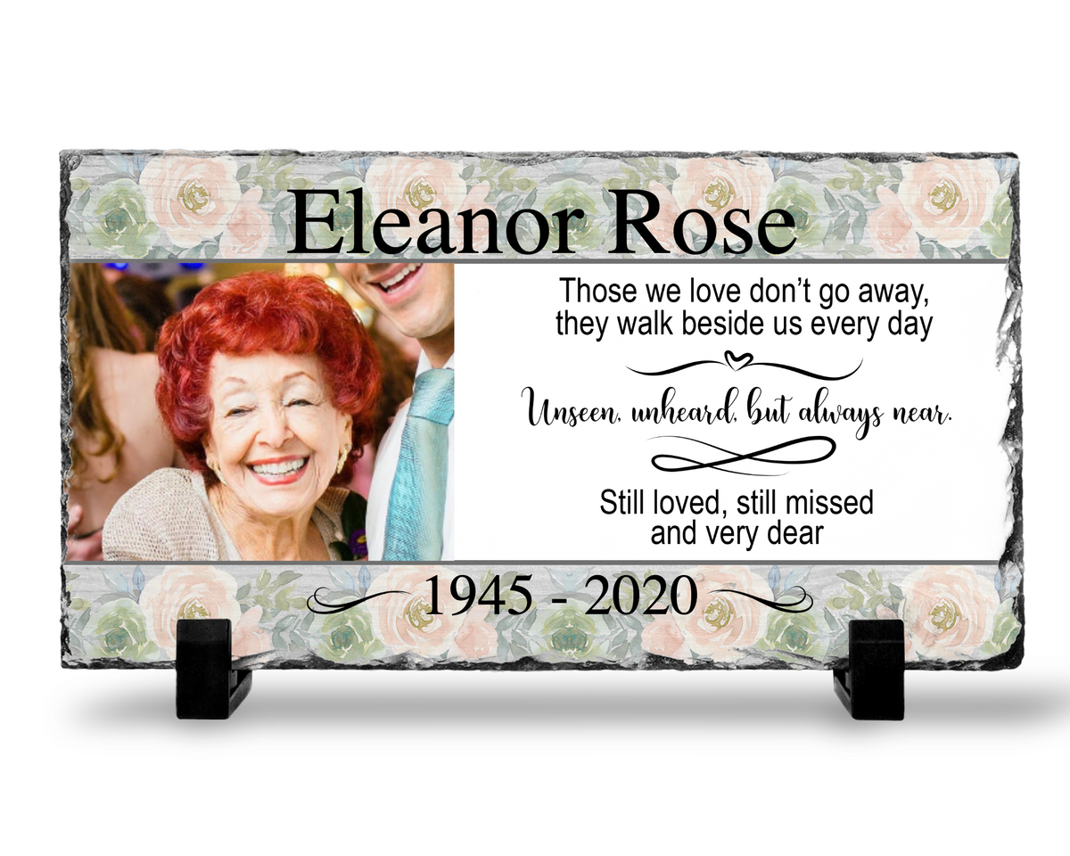 Floral memorial photo slate with Those We Love Don't Go Away wording