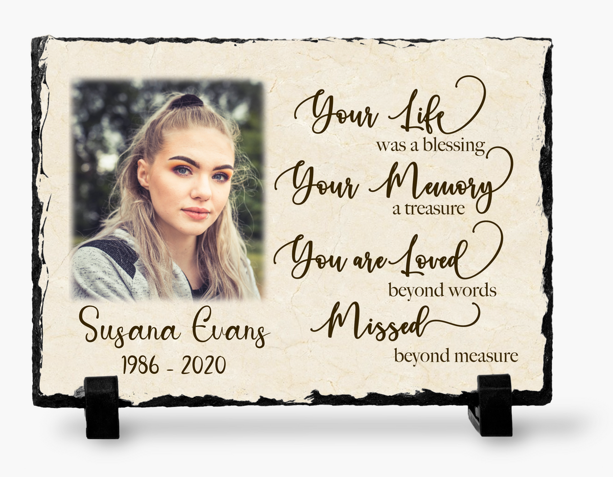 Your Life Was a Blessing memorial photo slate with a warm cream textured print