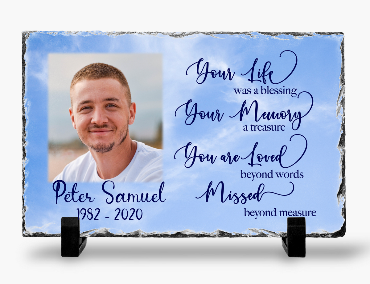 Your Life Was a Blessing memorial photo slate with a blue-sky print