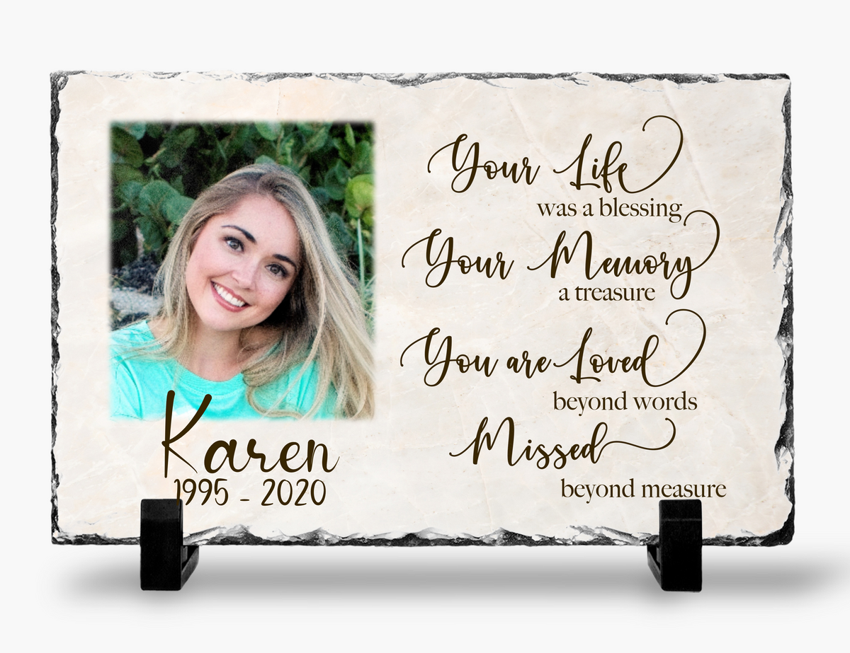 Your Life Was a Blessing memorial photo slate with a soft cream marble-look print
