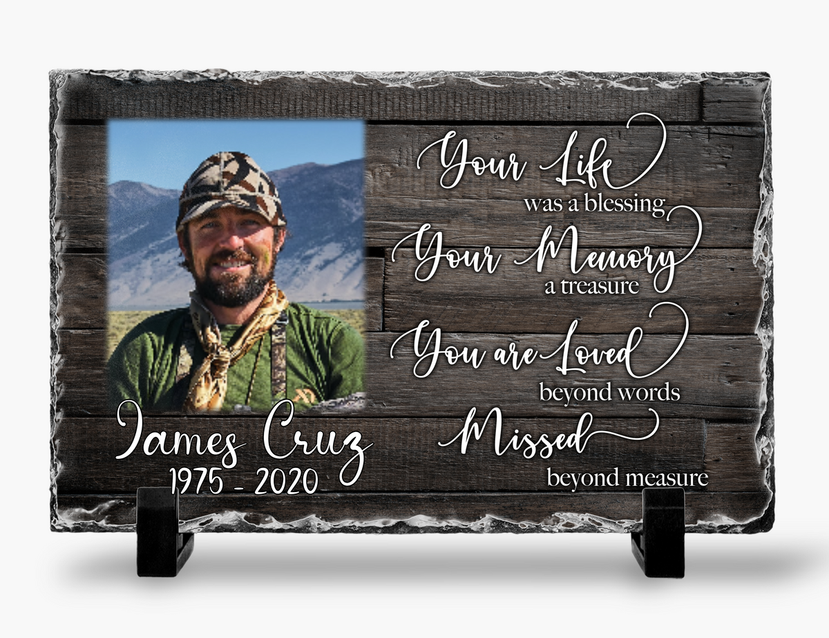 Your Life Was a Blessing memorial photo slate with a dark wood-look print