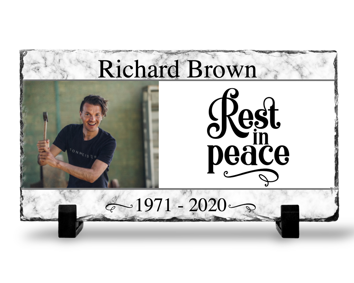 Memorial photo slate with Rest in Peace wording and a sample portrait