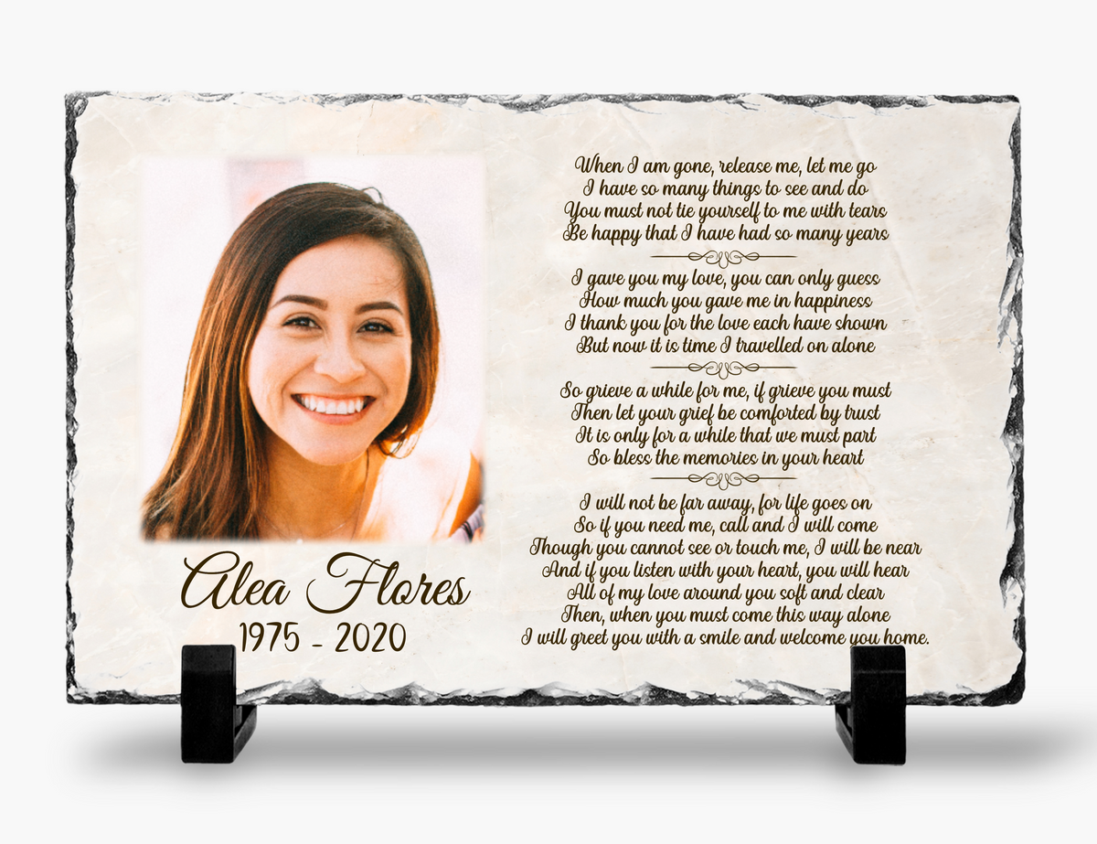 When I Am Gone, Release Me photo slate with decorative flourishes on a cream background
