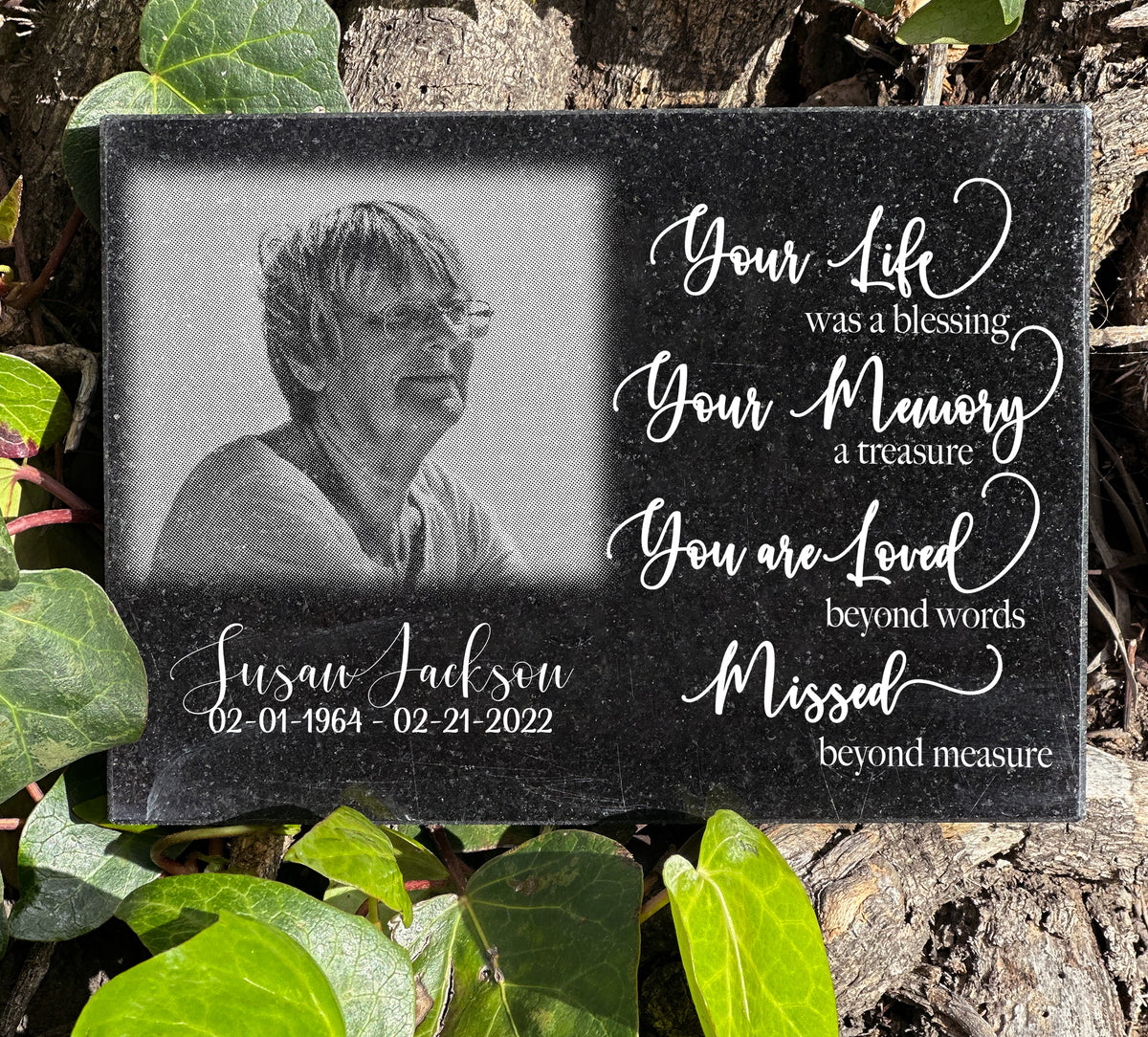 Black granite photo memorial plaque with Your Life Was a Blessing wording