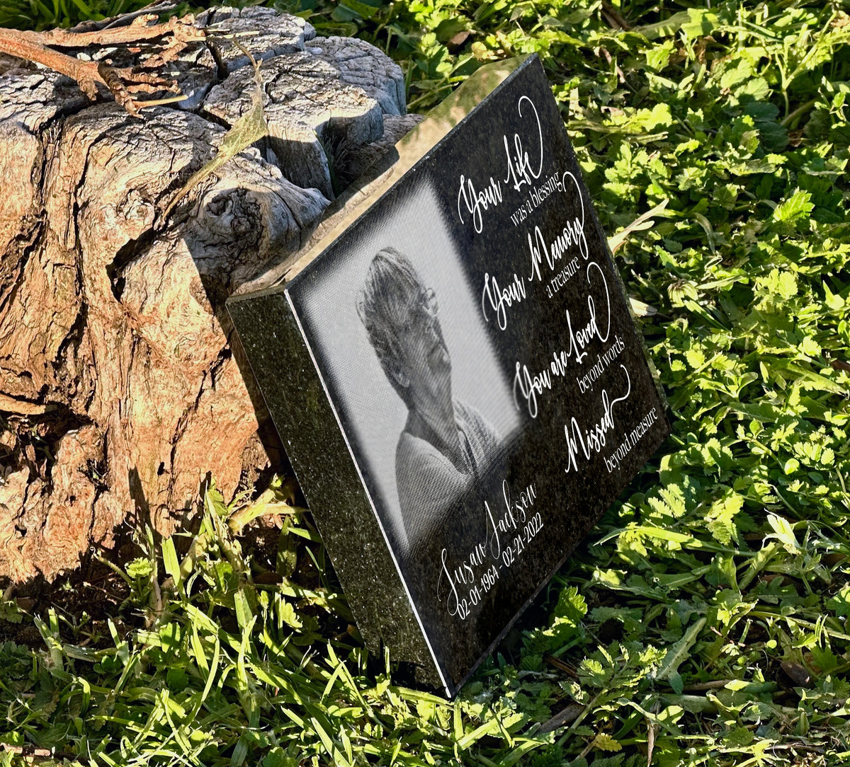 Angled view of a black granite photo plaque with Your Life Was a Blessing wording, leaning against a tree stump